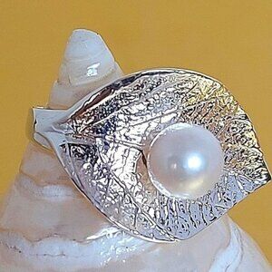 Natural Creamy White Pearl 7mm 925 Sterling Silver Leaf Ring‎ Sz 7